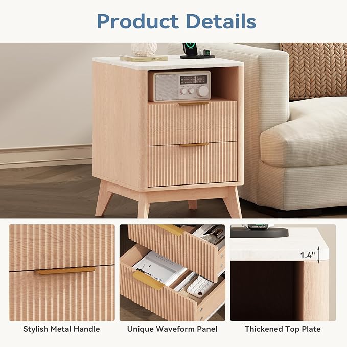 DUMOS Nightstand with Charging Station, 18" Bedside Table with with Faux Marble Top, Fluted Wood End Table with 2 Drawers, Mid-Century Modern Night Stand for Bedroom, Natural Oak - Image 6