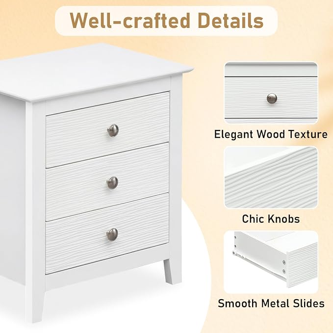 Giantex 3-Drawer Night Stand, 22’’ Compact Sofa End Couch Side Table w/Storage Drawers, Sturdy Legs, Modern Wood Nightstand Bedside Table for Bedroom College Dorm Small Spaces, White - Image 5