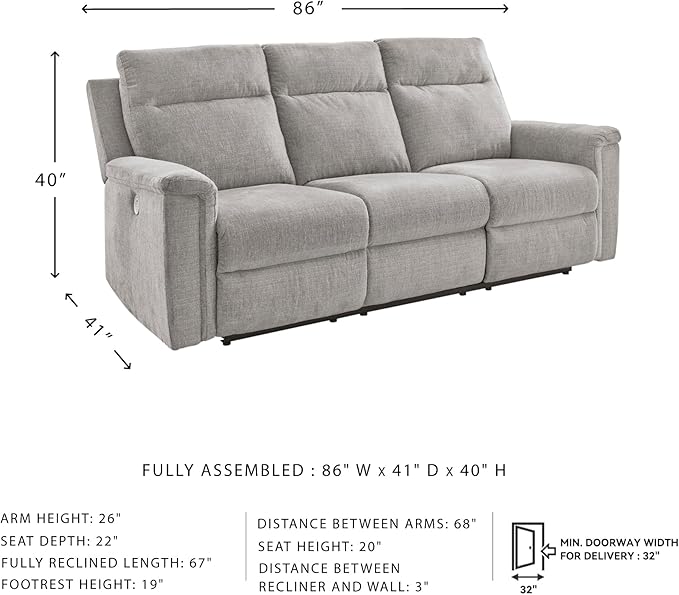 Signature Design by Ashley Barnsana Minimalist Power Reclining Sofa with USB Charging Ports, Light Gray