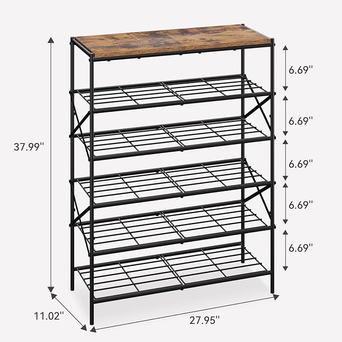 IBUYKE 6 Tier Shoe Rack, Large Capacity Shoe Storage Organizer for 24 Pairs of Shoes, Metal Shoe Storage Rack with Shelf for Entryway Hallway Closet Garage, Rustic Brown and Black TXJ016H - Image 3