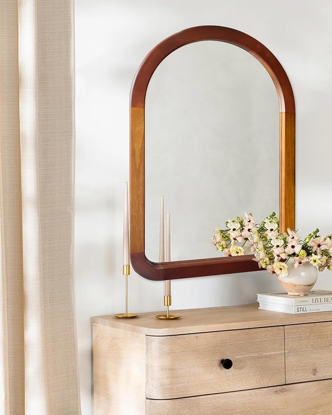 Arched Mirror 22 x 30 Inch,Brown Wood Rustic Bathroom Tempered Wall Mirror with Wood Frame,Round Corner Arch Farmhouse Wooden Vanity Mirror for Living Room,Entryway or Bedroom（Walnut Brown） - Image 3