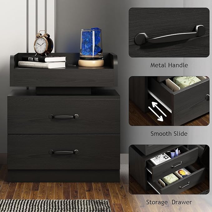 4ever2buy Black Nightstand Set of 2 with Charging Station and LED Lights Modern Bedside Tables with Drawers End Tables for Bedroom - Image 4