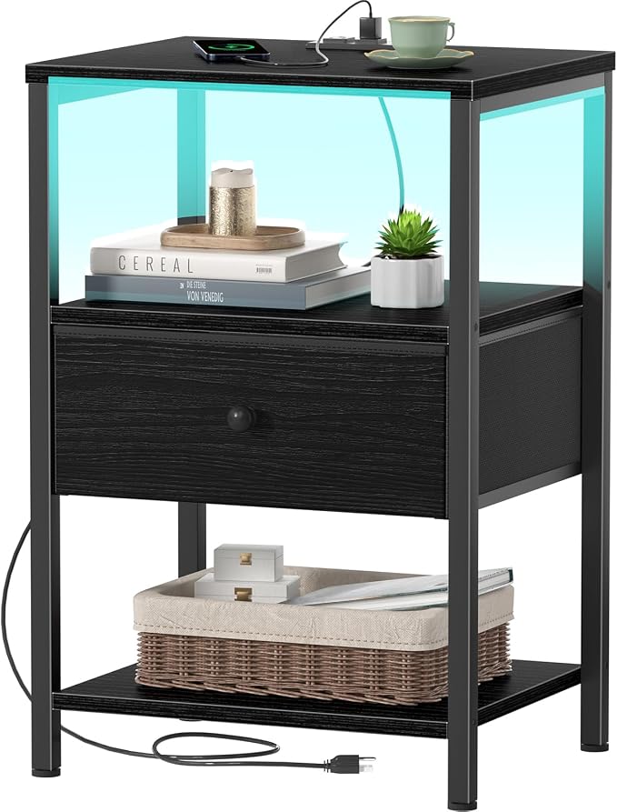 BOLUO Black Nightstand with Charging Station, LED Night Stand with Fabric Drawers and Shelf, Bedside Table with USB Ports and Outlets, Bedroom Nightstand Modern by BOLUO