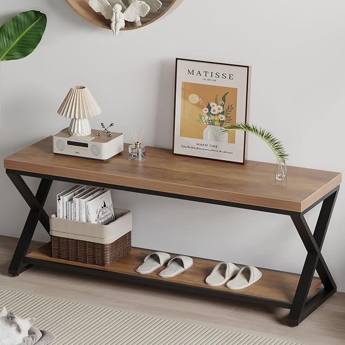 IBF Wood Entryway Bench, Wooden and Metal Bedroom Indoor Bench, Industrial Shoe Bench with Storage and Seating, Farmhouse Entry Bench for Foyer Entrance Hallway Living Dining Room, Rustic Oak, 47 Inch by IBF