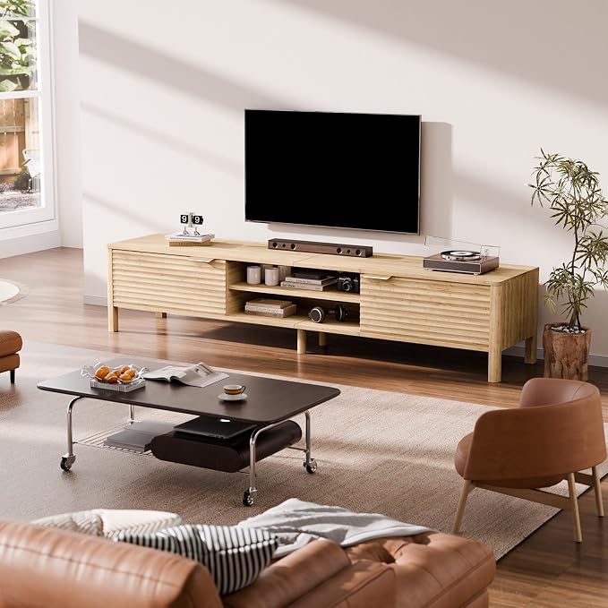 IKALIFE TV Stand for Living Room - up to 80 Inch TVs Mid Century Modern Entertainment Center with Storage and Adjustable Shelves, Media Console Table Oak 71" - Image 6