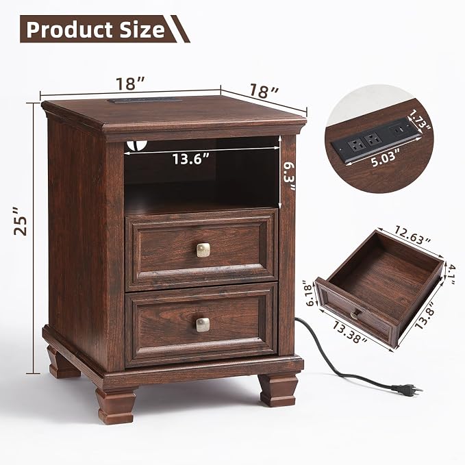 SAVOR LIFE Farmhouse Nightstand Set of 2 with Charging Station, Rustic Brown Nightstand, 2 Drawers End Table, Bedside Table with Open Shelf for Bedroom, Walnut - Image 3