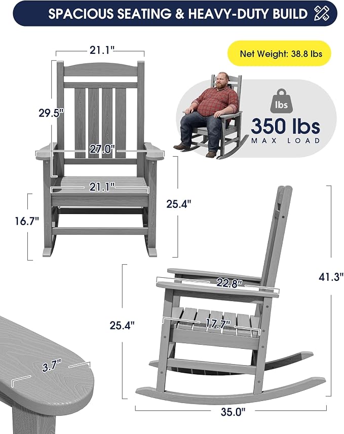 KINGYES Oversized HDPE Outdoor Rocking Chair Set of 4, All-Weather Patio Rocking Chair, Weather Resistant Porch Rocker for Adults, Light Gray - Image 3