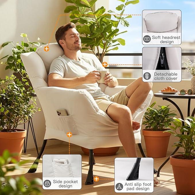 Lazy Chair for Living Room, Large Beige Accent Chair with a Throw Pillow, Leisure Sofa Chair Set, Comfy Reading Chair for Bedroom, Dorm Room, Office