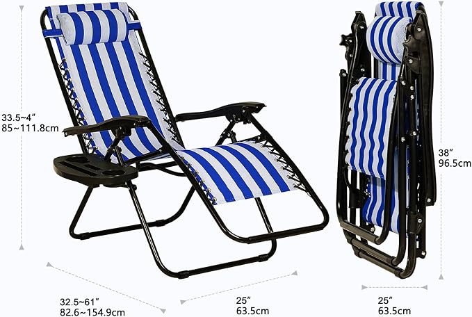 Nazhura Set of 2 Relaxing Recliners Patio Chairs Adjustable Steel Mesh Zero Gravity Lounge Chair Beach Chairs with Pillow and Cup Holder (Navy Blue Stripe) - Image 3