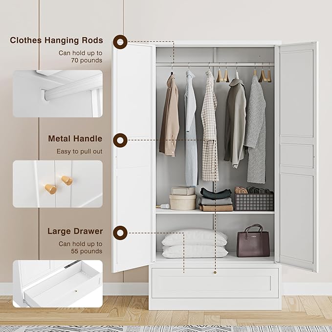 Steel Metal Wardrobe Armoire Closet with Drawer Clothing Locker Storage Cabinet 2 Door Closet Cabinet with Hanging Rod for Home Office Bedroom 72" X 36" X 18" White
