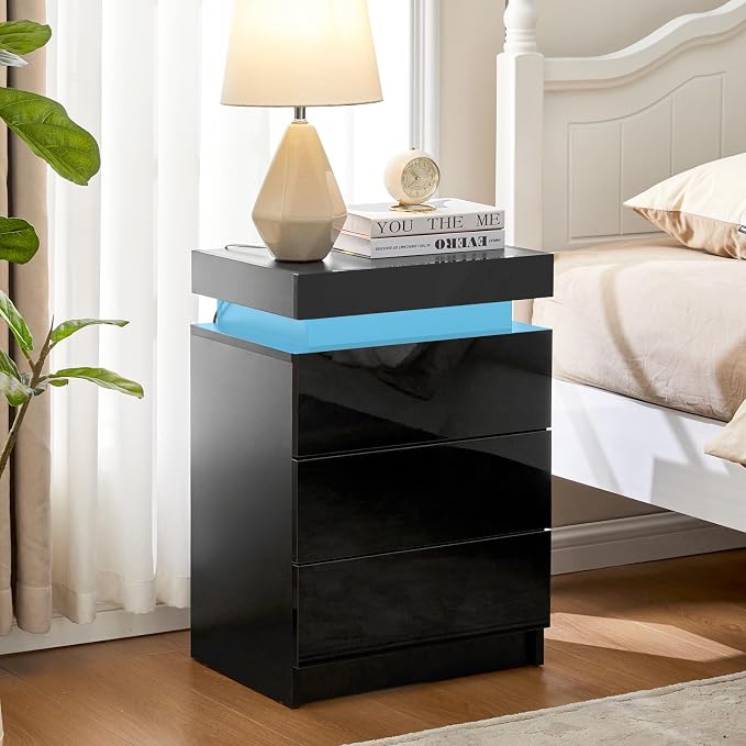TUKAILAi Modern Nightstands Set of 2 with LED Light, Smart Bedside Table with 3 Drawers and Flip Top Storage Cabinet, High Gloss Side Table End Table for Bedroom (Black) - Image 9