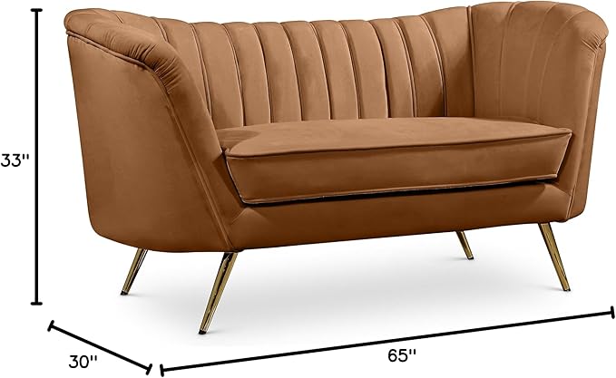 Meridian Furniture 622Saddle-L Margo Collection Modern Contemporary Velvet Upholstered Loveseat with Stainless Steel Base in a Rich Gold Finish, Saddle, 65" W x 30" D x 33" H
