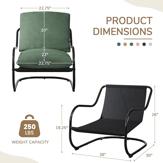 Peace nest Modern Accent Chair,Comfy Living Room Suspended Chair with Mental Frame,Bedroom Armchair with Soft Upholstered Cushion for Balcony Lounge Reading Meeting Room,Green