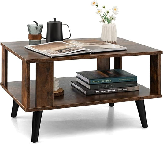 Tangkula Small Coffee Table for Living Room, 2-Tier Wooden Center Table with Open Storage Shelf, Side Baffle, Easy Assembly, Industrial Side Table for Small Space Bedroom (Rustic Brown)