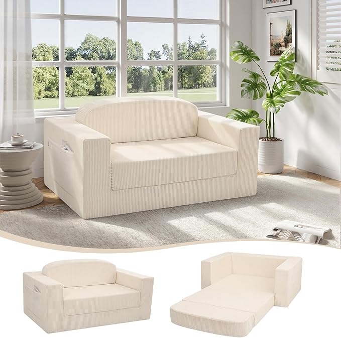 MeMoreCool Convertible Sofa Bed – Small Beige Corduroy Loveseat Sleeper, Boneless Fold-Out Cloud Couch with Foam, Trifold Floor Futon with Washable Cover for Bedroom, Apartment, Guest Room