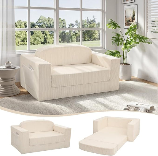 MeMoreCool Convertible Sofa Bed – Small Beige Corduroy Loveseat Sleeper, Boneless Fold-Out Cloud Couch with Foam, Trifold Floor Futon with Washable Cover for Bedroom, Apartment, Guest Room