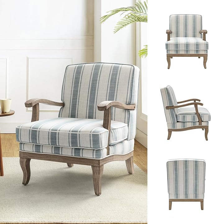 HULALA HOME Mid-Century Modern Chair Set of 2, Upholstered Accent Chair with Graceful Curves and Wooden Legs, Comfy Lounge Armchair Striped Accent Chairs for Living Room, Bedroom (Blue)