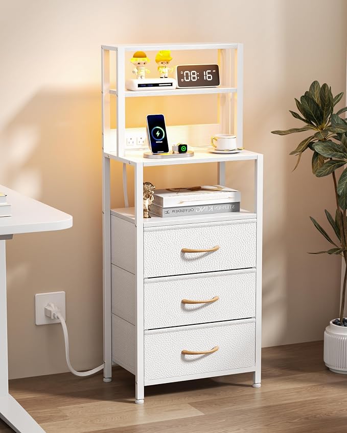 Furnulem Night Stand, White Bedside Nightstand with 4-Tier Shelves and 3 Fabric Drawers, LED Bed Side Tables with Charging Station, Tall Dresser for Bedroom, Hallway, Office - Image 7