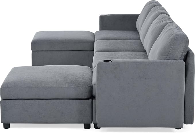 ERYE Oversized Chenille Upholstered Modular Storage Sectional Sofa Couch W/2 Movable Ottomans & Cupholders, U-Shaped Free Combined Sofa Couch Convertible Sleeper Sofabed for Living Room Apartment