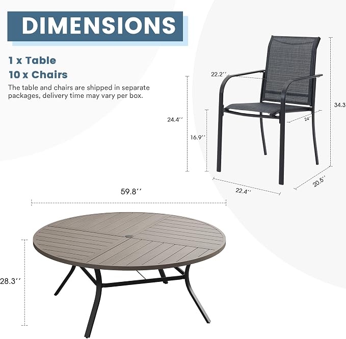 DIFY Patio Dining Set for 10, 11 Piece Outdoor Table and Chairs Set, 59.8" Grey Wood-Like Round Metal Patio Dining Table and 10 Grey Textilene Stackable Patio Chairs, for Backyard Garden Poolside - Image 8