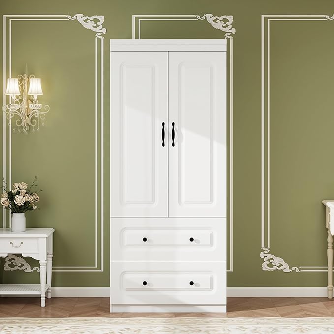 Armoire Wardrobe Closet: Wood White Bedroom Armoire Storage Cabinet for Large Capacity with 2 Doors, Tall Armoire and Wardrobe Closet with 2 Drawers & Hanging Rail