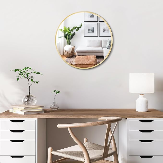 Itrue 12 Inch Small Round Wall Mirror, Gold Metal Frame Decorative Circle Mirror with Wall Mount Hook for Bathroom Bedroom Entryway – Accent Mirror, Not Full Size by Villacola