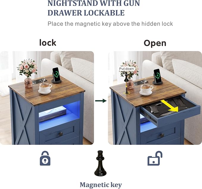 TAGELIER Farmhous Nightstand with Gun Drawer,Bedside Table with Charging Station, Gun Night Stand with LED Light & Human Sensor,Smart End Table for Bedroom, Blue - Image 3