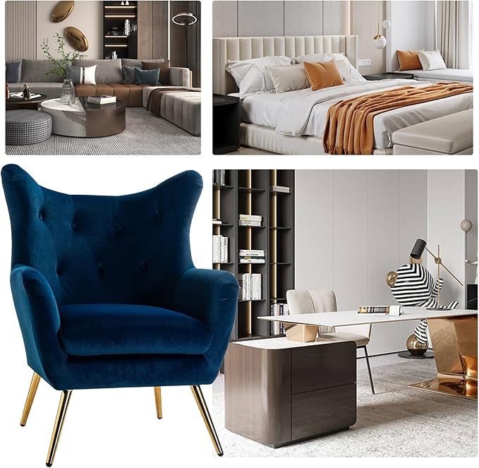 HULALA HOME Velvet Accent Chair, Modern Wingback Arm Chair with Metal Gold Legs, Velvet Tufted Upholstered Single Sofa Chair for Living Room Bedroom, Dining Room Accent Club Guest Chair (Navy)