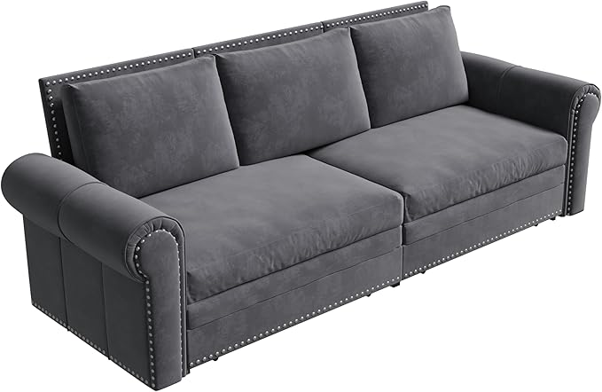 Eafurn 93.7" King Size Pull Out Sofa Bed, 3-in-1 Convertible Sleeper Sofa Couch Bed with Nailhead Decor and Rolled Arms, Velvet Oversized Chesterfield Loveseat Chaise Lounge