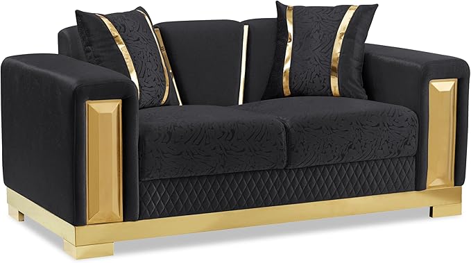 Furniture of America Samison II Glam Solid Wood Upholstered Loveseat with Accent Pillows, Damask Pattern and Gold Base, Soft Couch for Living Room, Bedroom, Office, Black