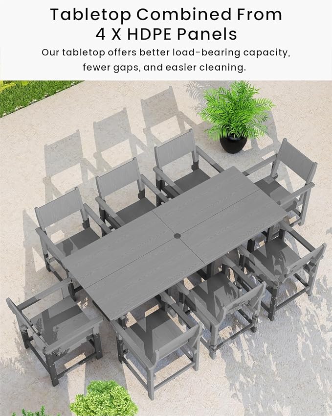 9-Piece Outdoor Dining Set, HDPE Weatherproof Patio Table and Chairs Set for 8, Outdoor Patio Furniture Sets with Umbrella Hole for Outside, Deck, Backyard, Garden (Grey) - Image 5