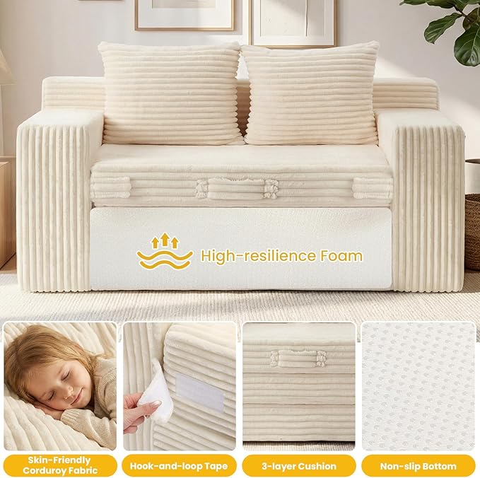 Boneless Loveseat Sleeper Sofa Bed: 3-in-1 Convertible Sofa Bed with Side Pockets & Handle,Pull Out Couch with 2 Pillows,Folding Futon for Small Space,Living Room & Bedroom,Corduroy Fabric,No Assembly