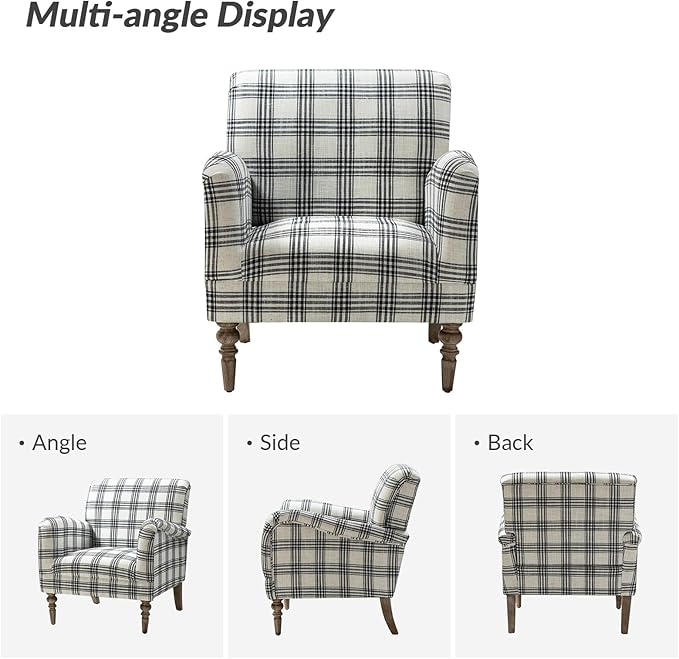 HULALA HOME Modern Accent Chair with Arms & Wooden Legs, Comfy Upholstered Armchair Sofa Chair for Bedroom Living Room(Plaid Pattern, Black)