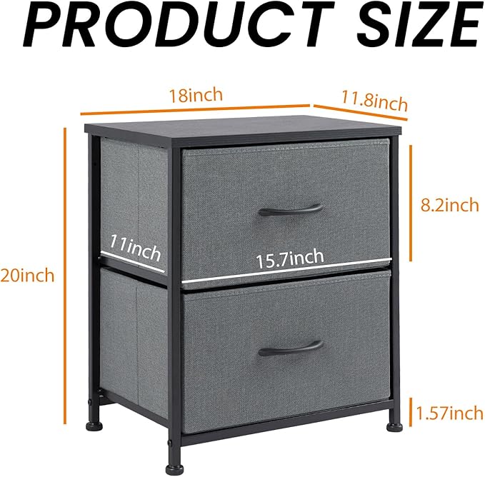 Simple Deluxe Nightstand 2 Drawers Dresser for Bedroom, 3-Tier Bedside Table with Fabric Bins, End Table for Living Room, Wood top Load-Bearing up to 44 lb, Grey