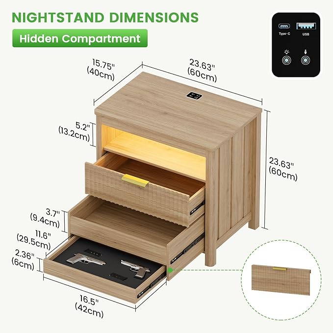 WOOVIVS End Table with Gun Drawer - Farmhouse Night Stand with Charging Station for Bedroom, Smart Side Table with LED Lights for Livingroom, Hidden Compartment Nightstands-Wood - Image 3