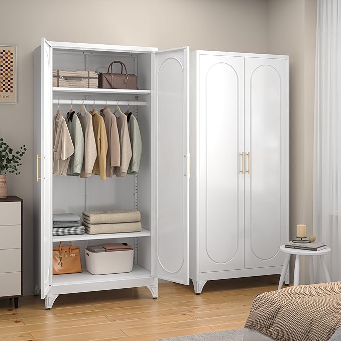 SteeLoong 71" Metal Armoire Wardrobe Closet with Doors，Tall Clothing Storage Cabinet with Adjustable Shelves and Hanging Rod,White Wardrobe Closet for Bedroom,Home,Office,Gym