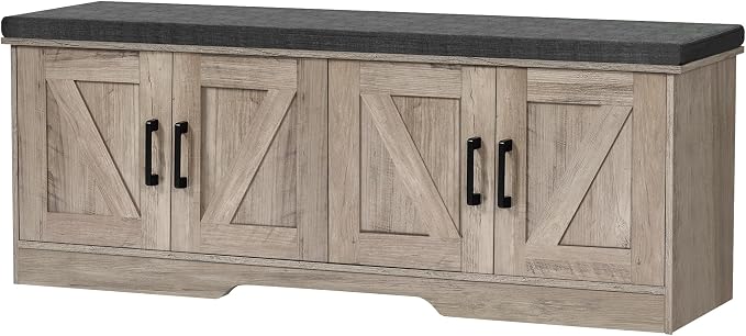 HOMSHO 2-Tier Storage Bench, 47.2" Wide Shoe Bench with Padded Seat Cushion, Entryway Bench with 4 Barn Doors and Adjustable Shelf, Greige by HOMSHO