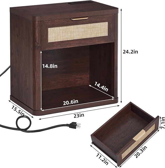 LEYAOYAO Rattan Nightstands Set of 2 with Charging Station, Walnut Night Stand with Drawer, 23" Wide Boho Bedside Table with Storage Shelf, Bed Side End Tables for Bedroom, Living Room, Hallway - Image 3