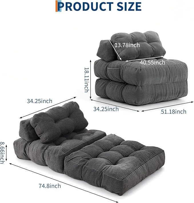 Folding Sofa Bed, Convertible Sleeper Chair with Pillow Foldable Matress with Back Support, Portable Fold Out Chair Bed Comfy Floor Sofa Lounge for Living Room Bedroom, Gray, Single