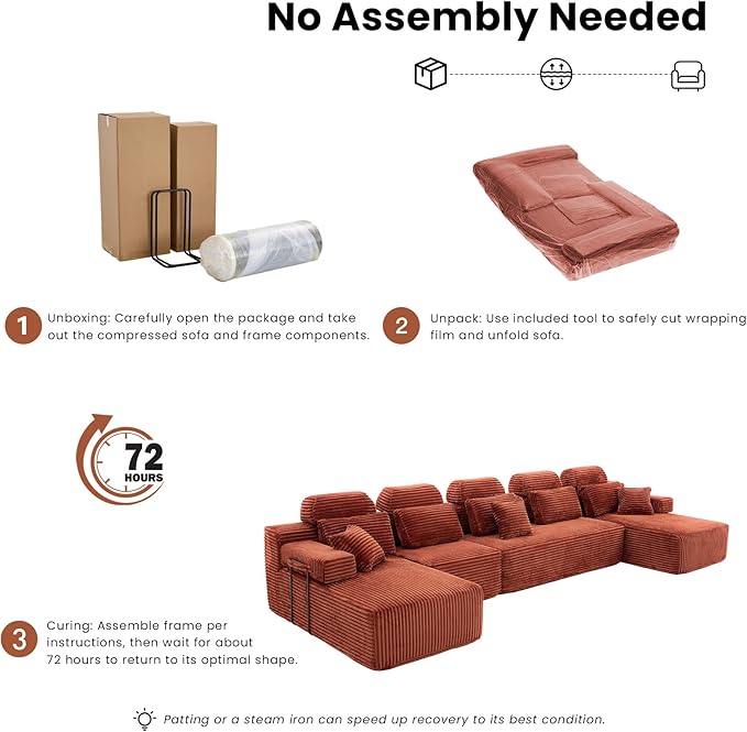171" U-Shaped Cloud Modular Sectional Sofa with Chaise & Headrest, Boneless Deep Seat Plush Corduroy Couches for Large Living Room, No Assembly Required (Orange, 171" U-shapred Chaise)
