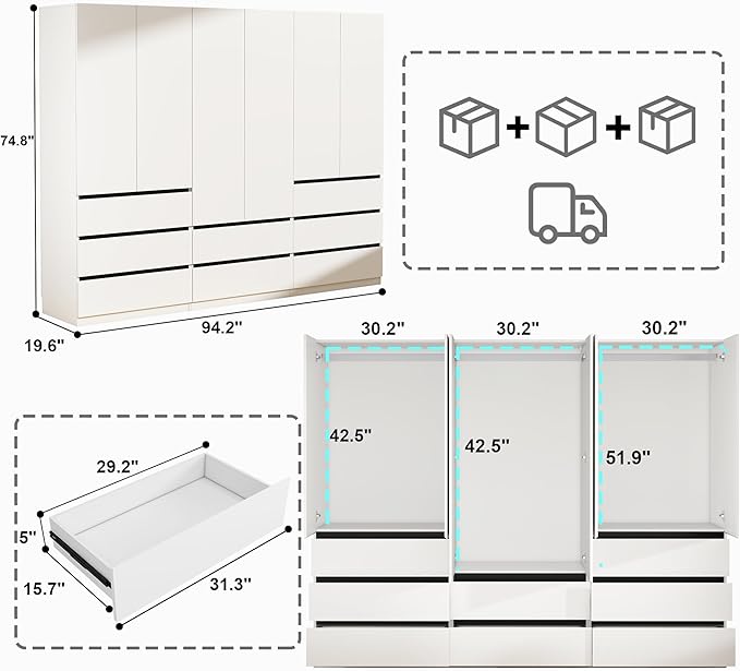 Wardrobe Closet with 6 Doors: 75" White Armoire with 8 Drawers, Wooden Wardrobe for Hanging Clothes, Tall Storage Cabinet with Shelves and Hanging Rod (B+B+A, 94.5")