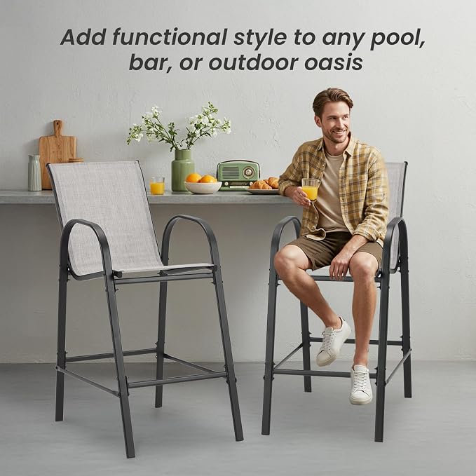HOMREST Outdoor Bar Height Stools Set of 4,High Back Patio Chairs with Armrests,Textilene Chairs with Breathable Fabric & Metal Frame for All Weather,Light Grey - Image 8