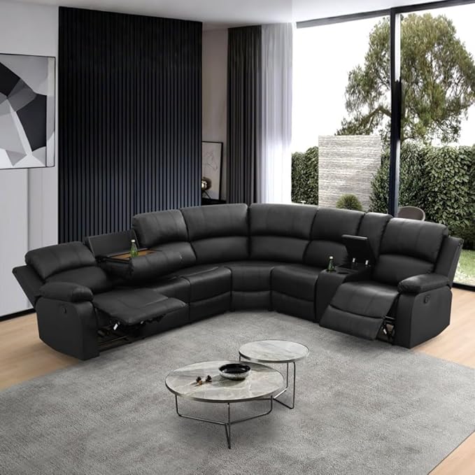 Reclining Sectional Sofa Set, L Shaped PU Leather Recliner Couch with Cup Holder and Storage Console for Home Theater & Living Room, Black