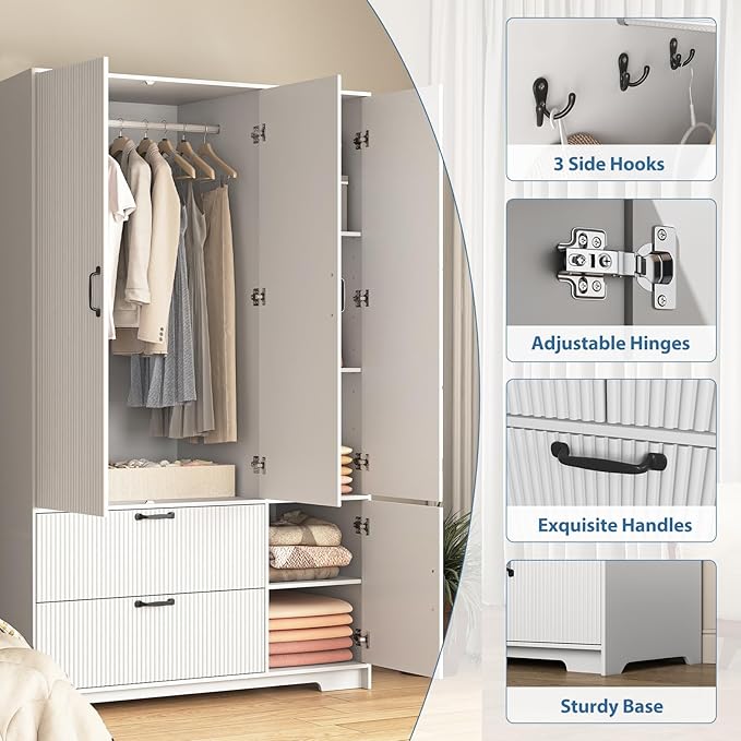 68.5” Armoire Wardrobe Closet with Mirror Door, Freestanding Modern Wooden 3 Doors Fluted Closet with 2 Drawers & Storage Cabinet & Adjustable Shelves & Hanging Rod for Bedroom (White)