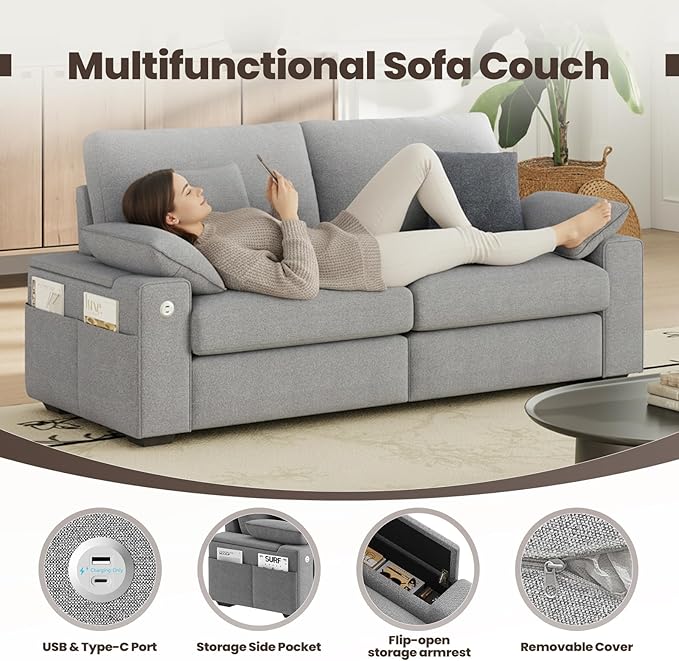 76" Loveseat Couch, 3 Seater Upholstered Midcentury Mondern Love Seat with USB Type C Ports, 4 Pillows and Storage Armrest Cloud Foam Sofa for Living Room/Small Spaces, Grey | Breathable material