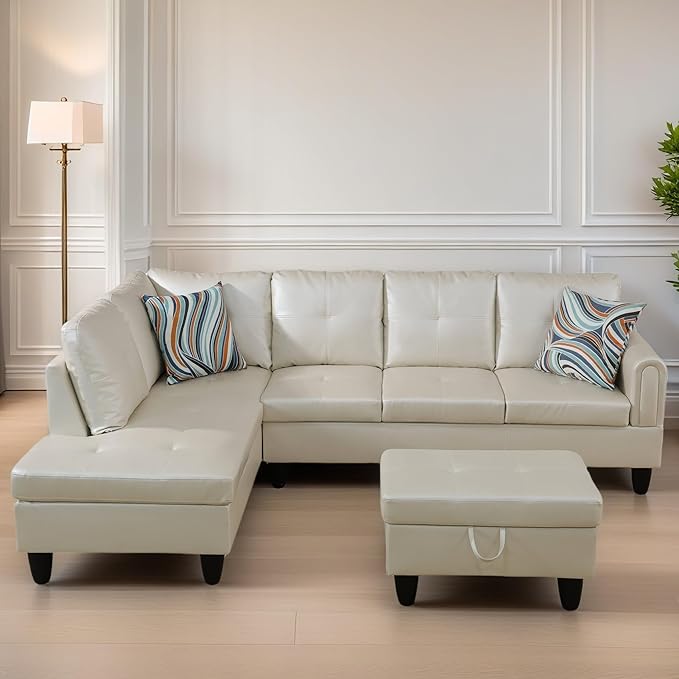 FONTOI L Shaped Sectional Couches for Living Room, Leather Couch Modular Sectional Sofa with Ottoman Storage, Modern L Shaped Couch with Chaise for Bedroom Apartment Furniture, White