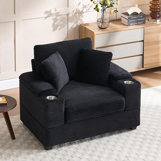 KEIKI Oversized Accent Chair with Ottoman, Chaise Lounge Chair Indoor with Handrail Storage, Cupholders, Oversized Sofa Bed, Deep Seat Sleeper Couch Reading Chairs for Living Room, Black