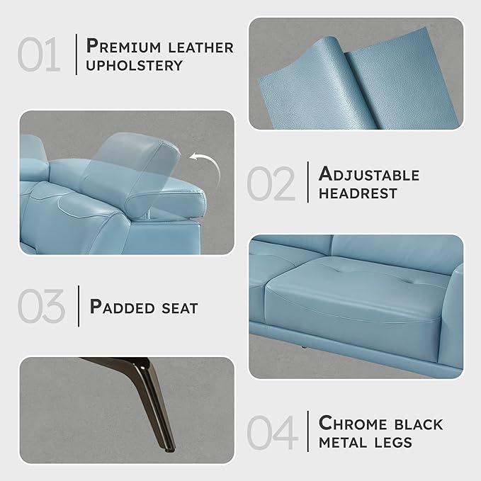 Lexicon L-Shaped Sectional Couch with Right Chaise, Top Grain Leather Match Sectional Sofa, Adjustable Headrests, Black Chrome Metal Legs, High-Density Cushions, Stitching, for Living Room, Blue