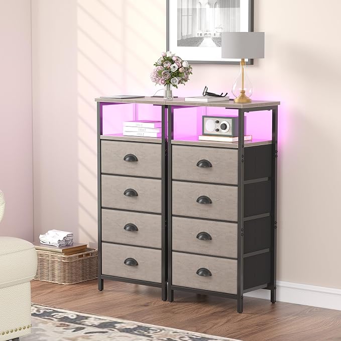 sthmec Nightstand with Charging Station,LED Grey Nightstand with 4 Fabric Drawers, Bedside End Tables, 2-Tier Open Storage Shelf Side Table Nightstand with Drawers for Bedroom,Grey - Image 7