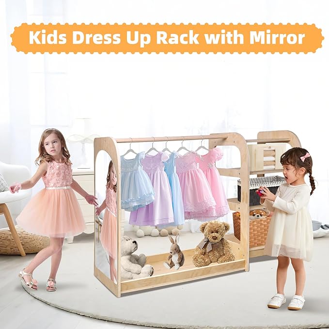 homegroove Kids Dress Up Storage with Mirror, 31.5 Inch Kids Wardrobe Closet with Storage Shelf for Little Girls and Boys, Wooden Costume Organizer for Bedroom Classroom Playroom Furniture